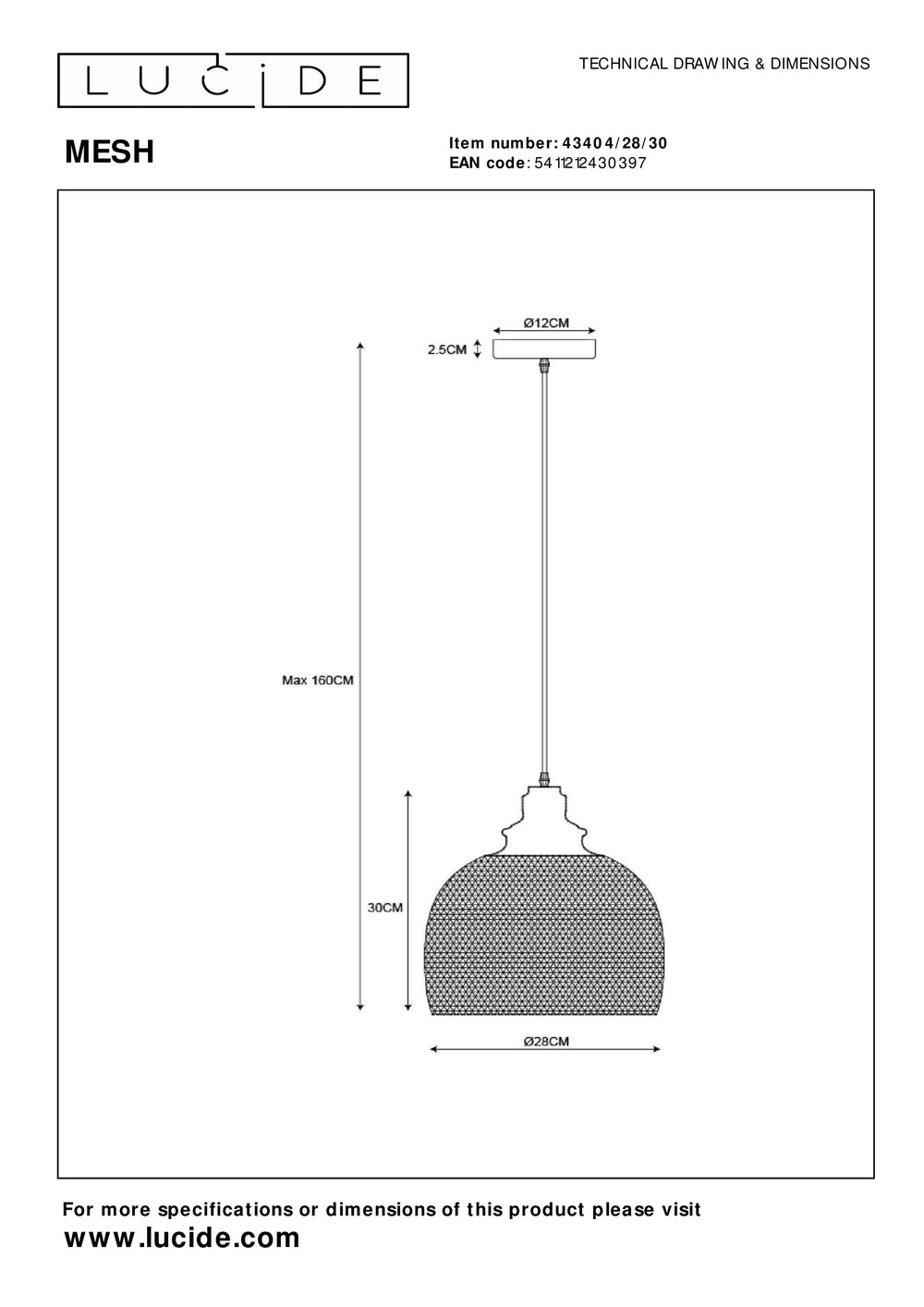 Lucide MESH hänglampa Svart Ø28cm 1xE27 modern metallpendel IP20 höjdjusterbar dimbar