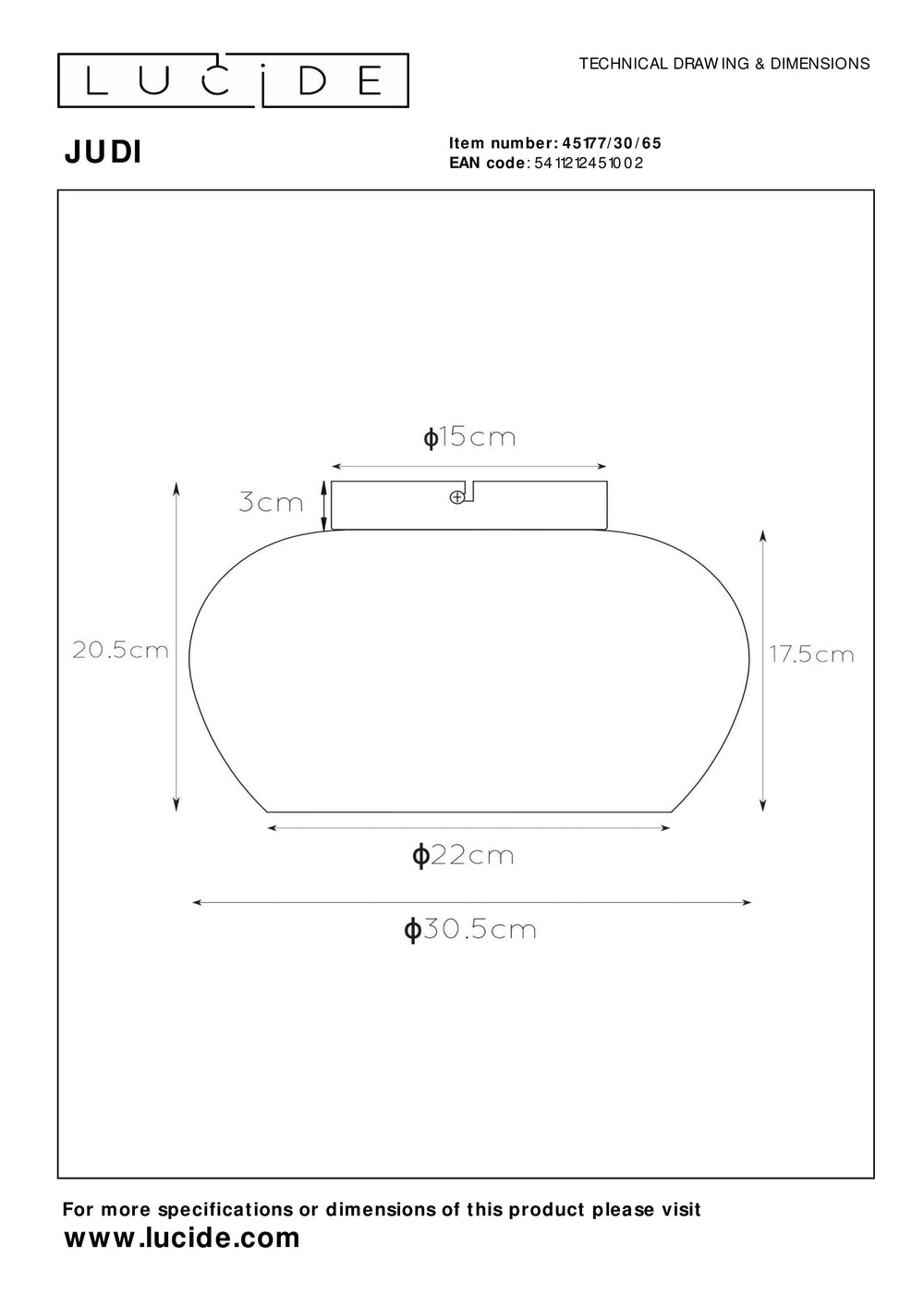 Lucide JUDI taklampa Ø30,5 cm, rökfärgat glas, 1xE27, dimbar, modern stil, metallram, IP20