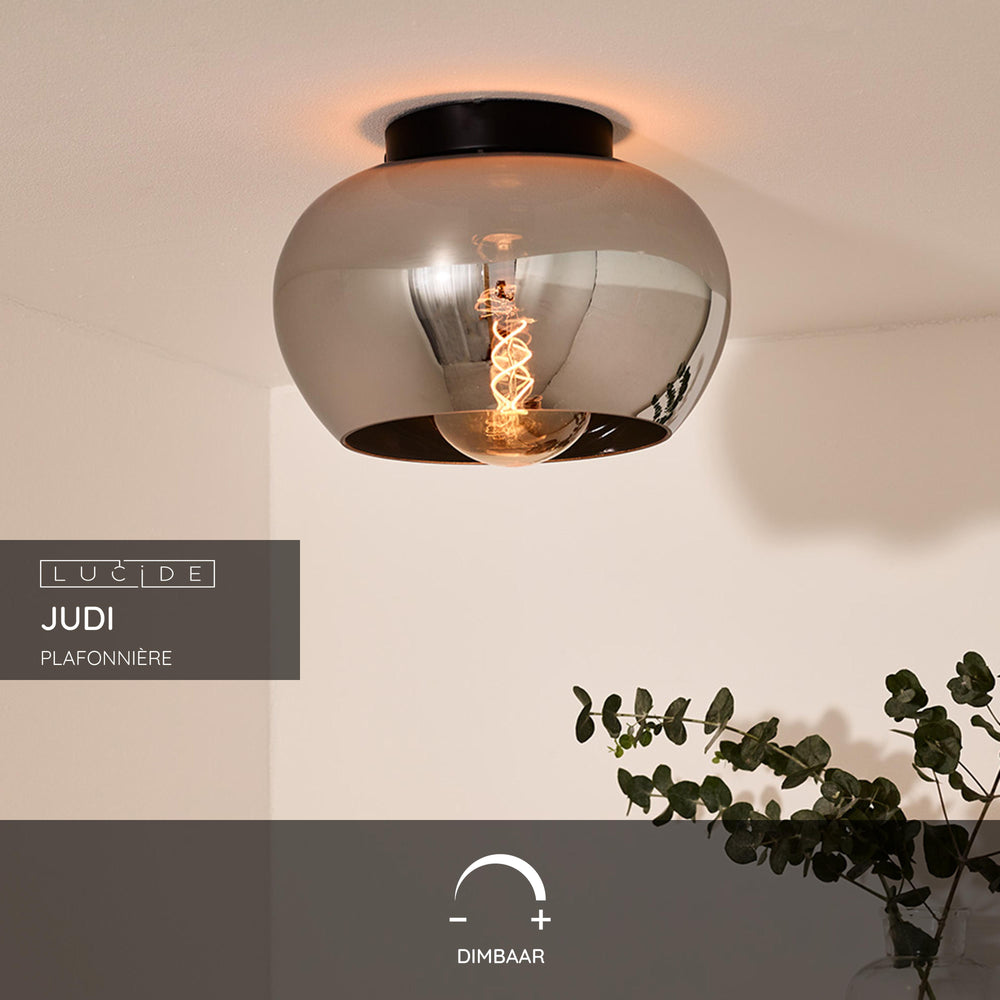 Lucide JUDI taklampa Ø30,5 cm, rökfärgat glas, 1xE27, dimbar, modern stil, metallram, IP20