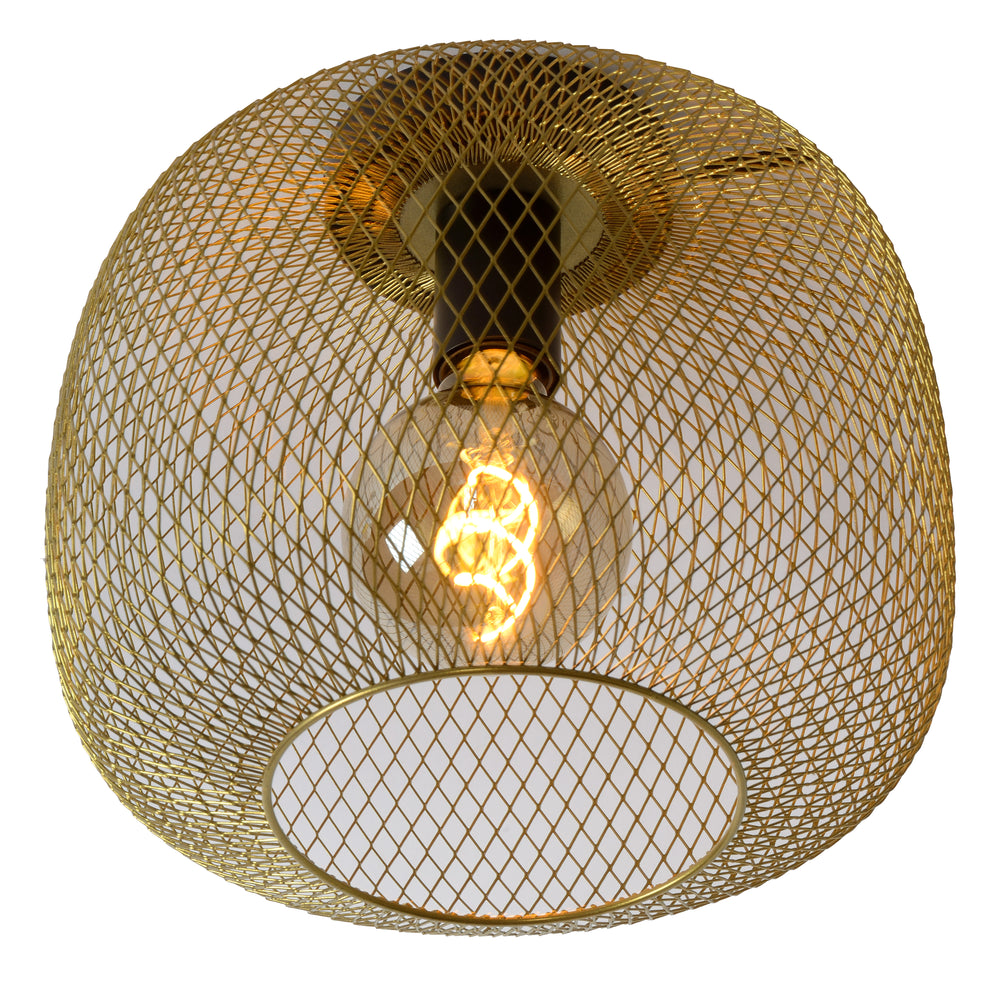 Lucide MESH taklampa 30cm metallcylinder, E27-sockel, matt svart med guldfinish, IP20 vintage stil