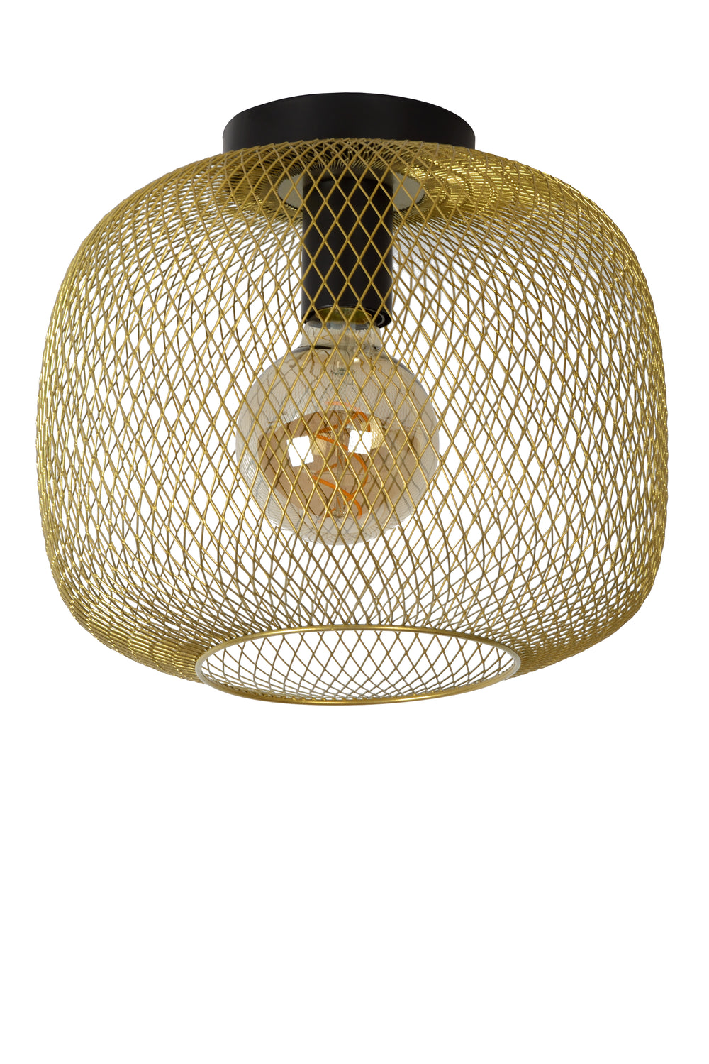 Lucide MESH taklampa 30cm metallcylinder, E27-sockel, matt svart med guldfinish, IP20 vintage stil