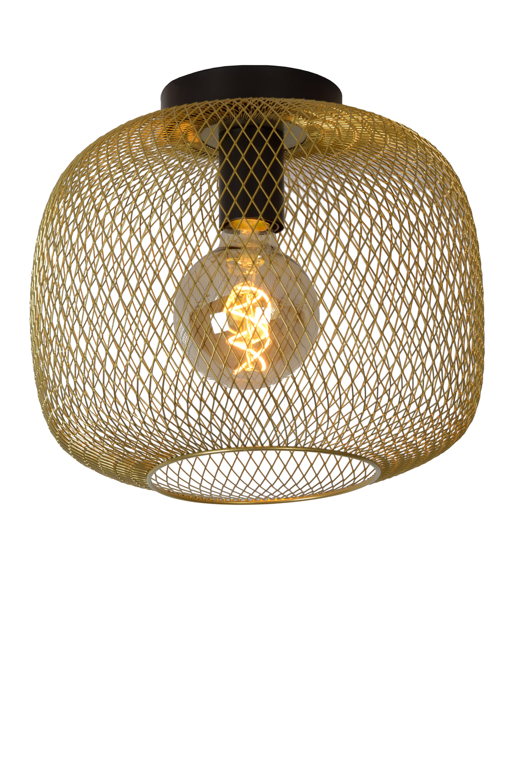 Lucide MESH taklampa 30cm metallcylinder, E27-sockel, matt svart med guldfinish, IP20 vintage stil