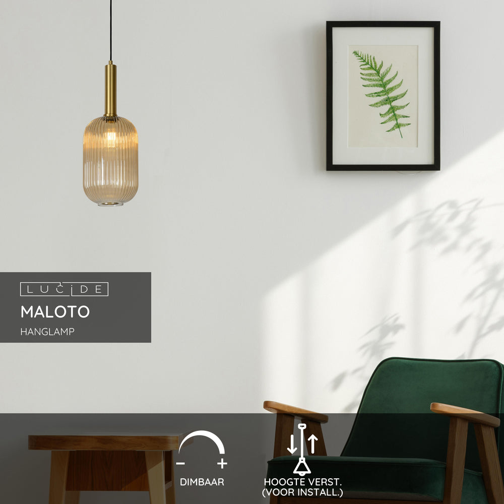 Lucide MALOTO vintage pendant light, 1xE27, 40W max, amber glass, bronze finish, height adjustable, IP20