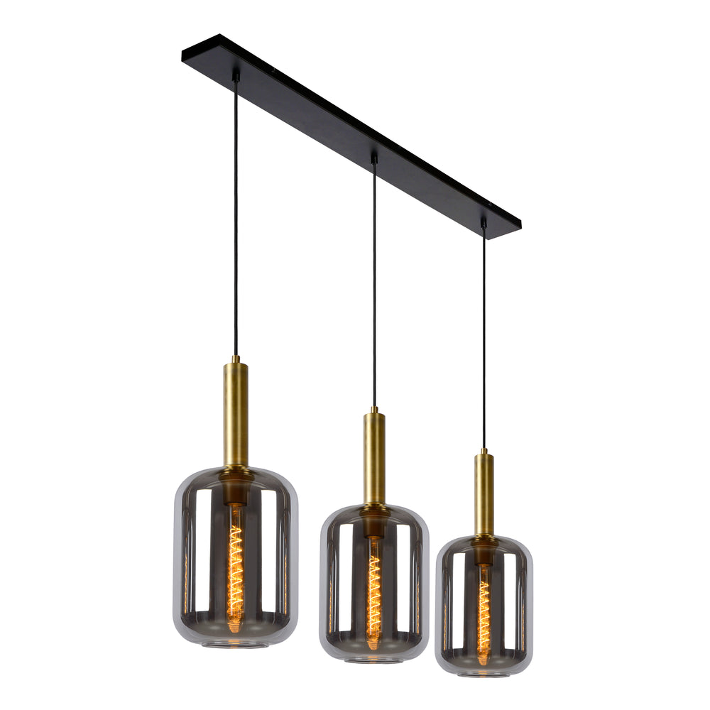 Lucide JOANET hanging lamp 3xE27 fumé glass shades, matte gold finish, height adjustable, dimmable, IP20 indoor