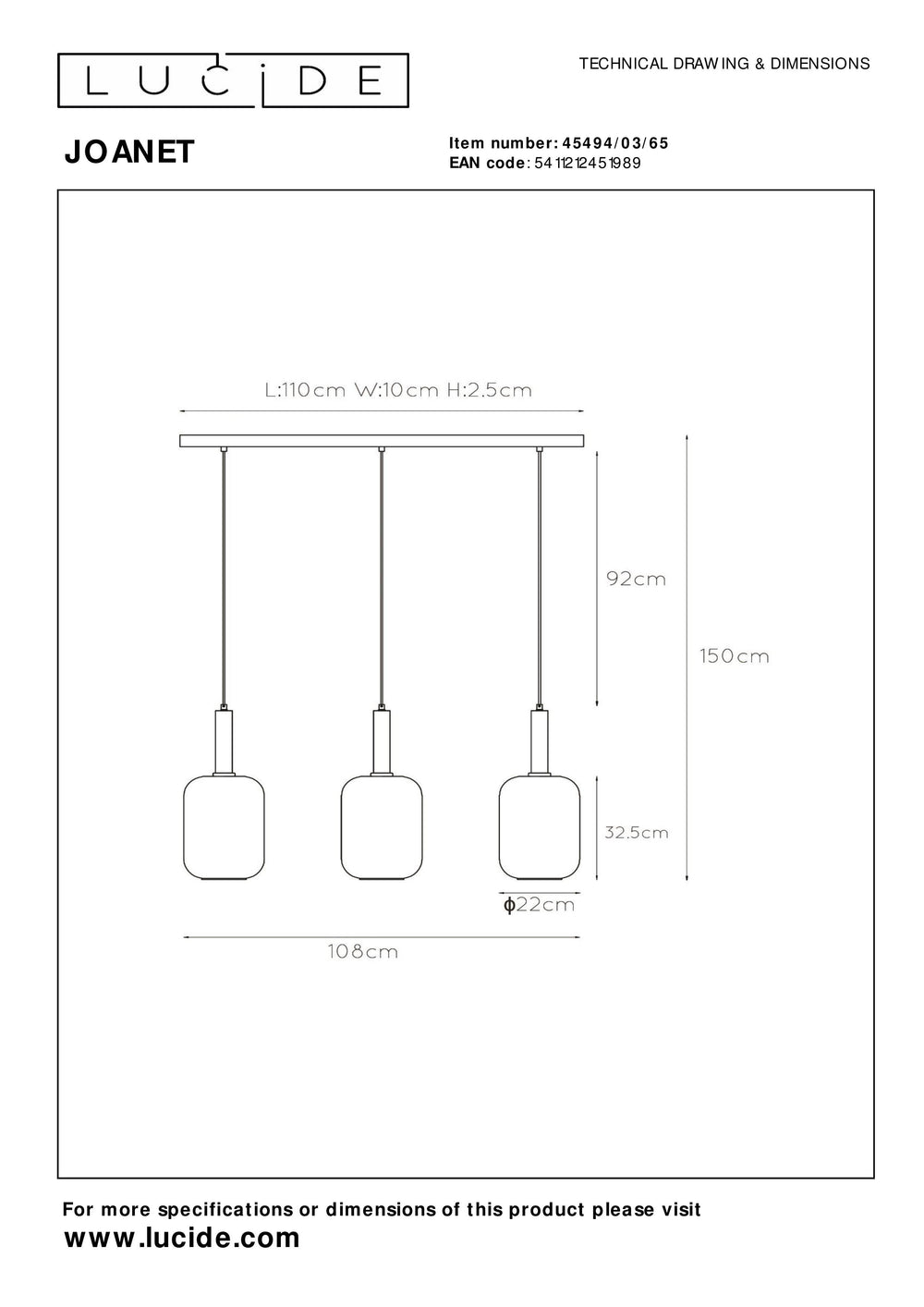 Lucide JOANET hanging lamp 3xE27 fumé glass shades, matte gold finish, height adjustable, dimmable, IP20 indoor