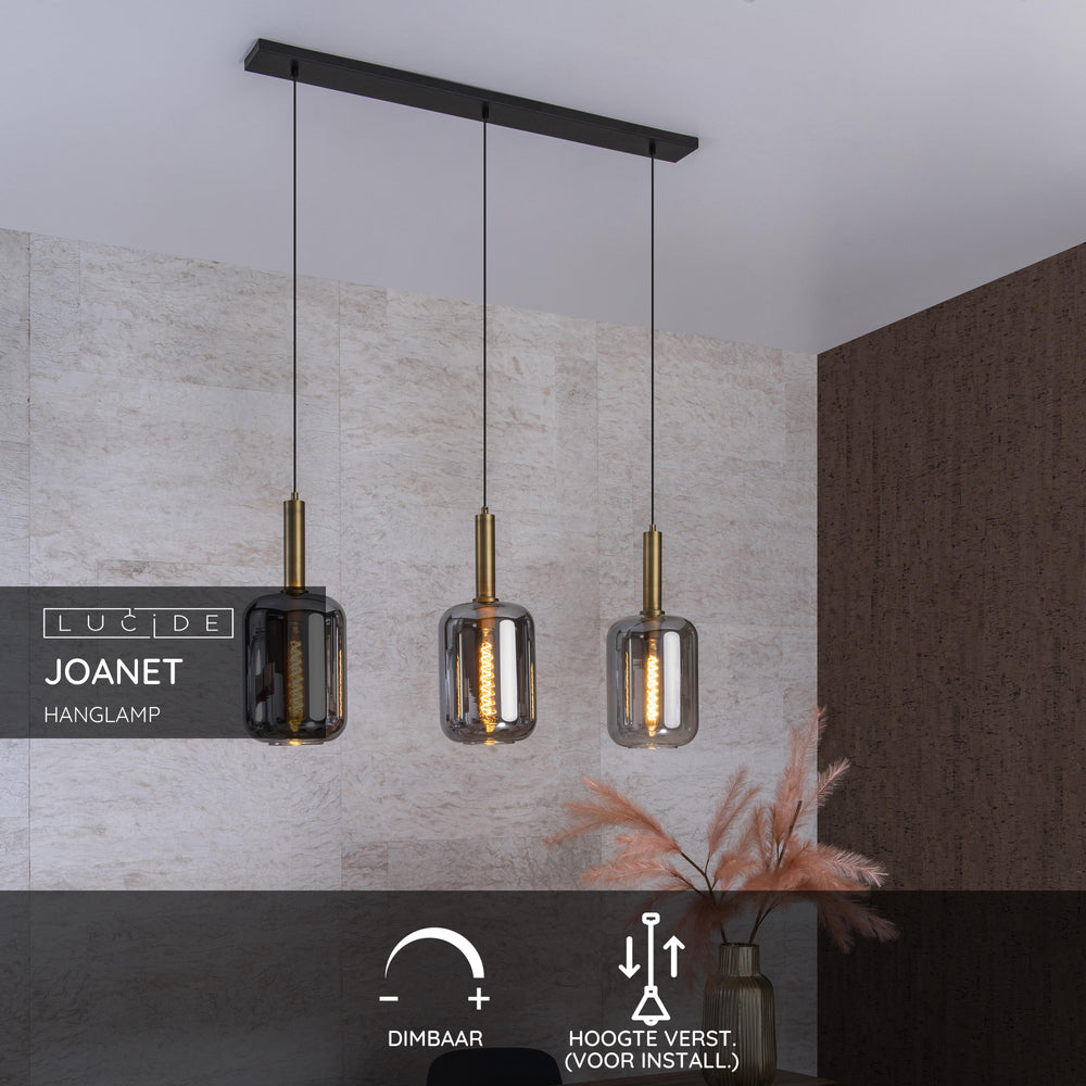 Lucide JOANET hanging lamp 3xE27 fumé glass shades, matte gold finish, height adjustable, dimmable, IP20 indoor