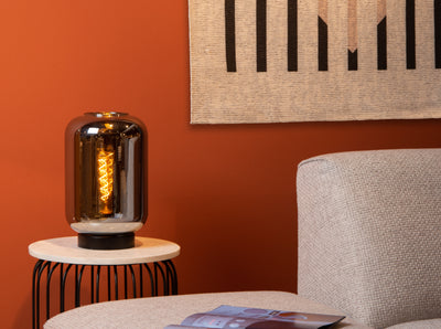 Lucide JOANET bordslampa 1xE27 Fumè-glas modern design med svart metallbas Ø22cm IP20