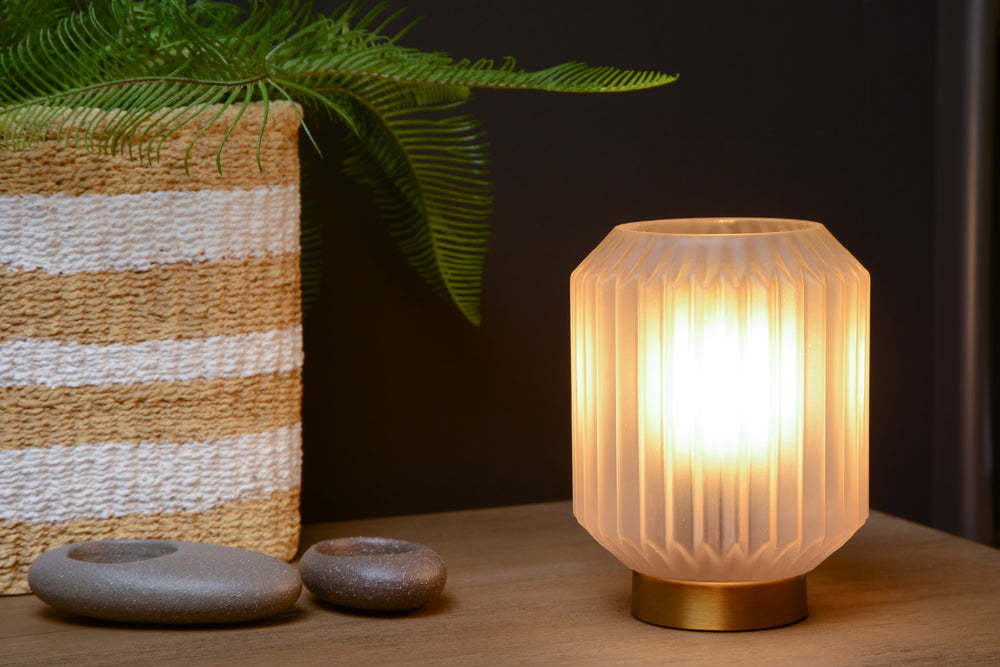 Lucide SUENO bordslampa Ø13cm E14-sockel Vitt glas med bas i guldstål modern design inomhus IP20