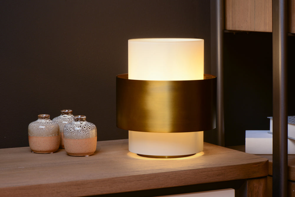 Lucide FIRMIN table lamp, retro glass cylinder, E27 fitting, 230V, IP20 indoor, matte gold brass finish
