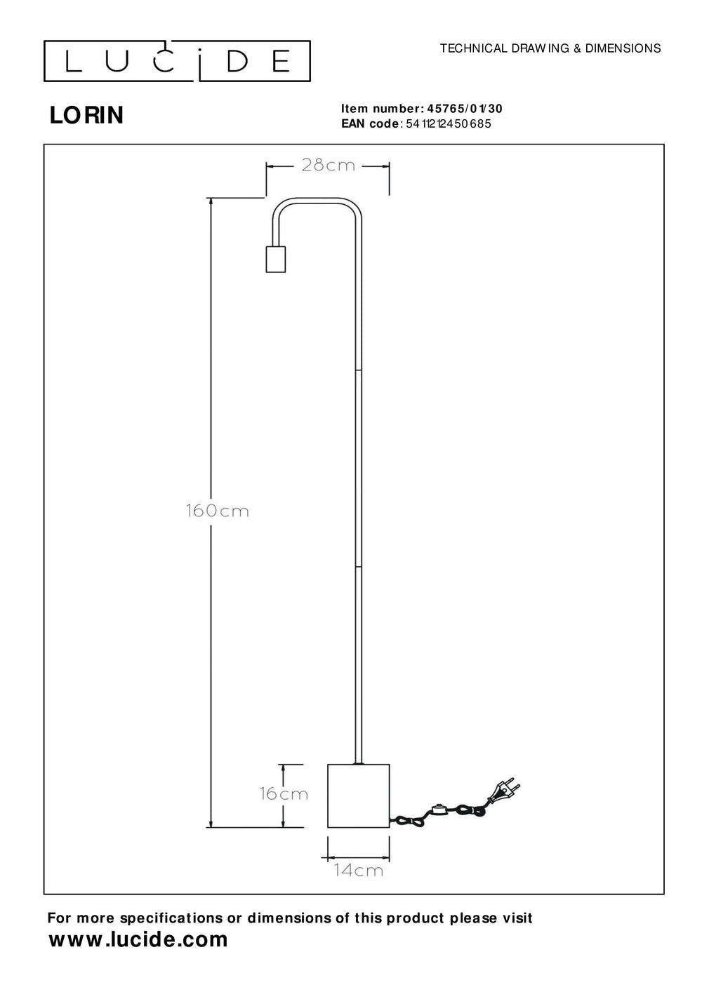Lucide LORIN golvlampa, 1xE27 sockel, max 40W, 220-240V, IP20, matt svart metall och marmor, 1600mm höjd