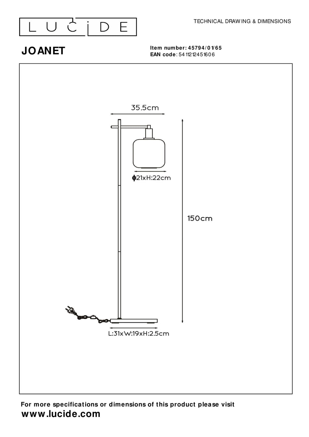 Lucide Joanet golvlampa Fumé-glas modern design med E27-sockel, svart stålbas, IP20 för inomhusbruk