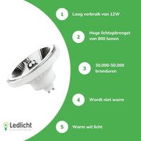 Spectrum LED Spot GU10 AR111 12W 3000K Varmvit 800 lumen 20° spridning 230V ej dimbar