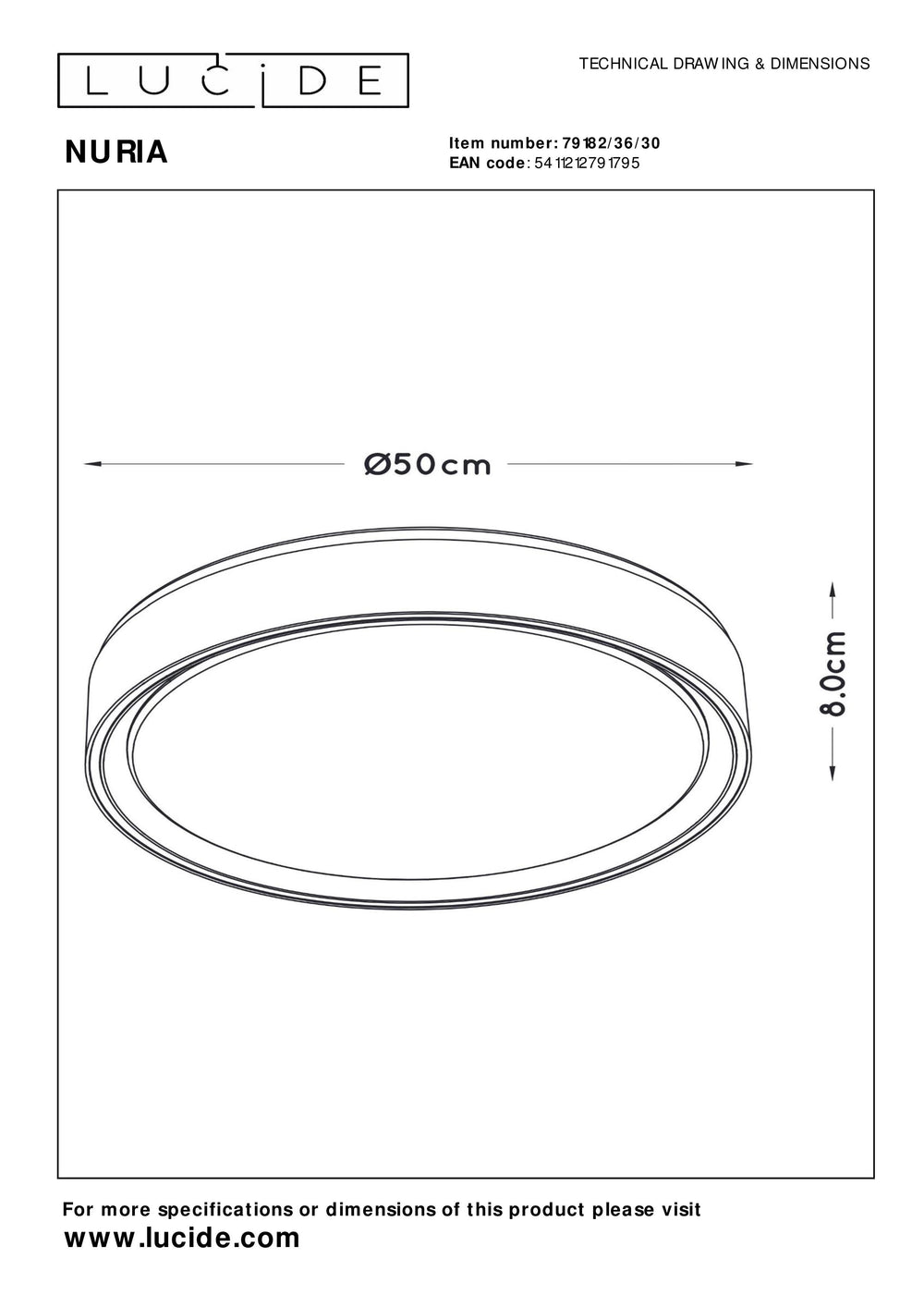 Lucide NURIA LED taklampa 36W 2700K 3-stegs dimbar rund Ø50cm Svart modern IP20