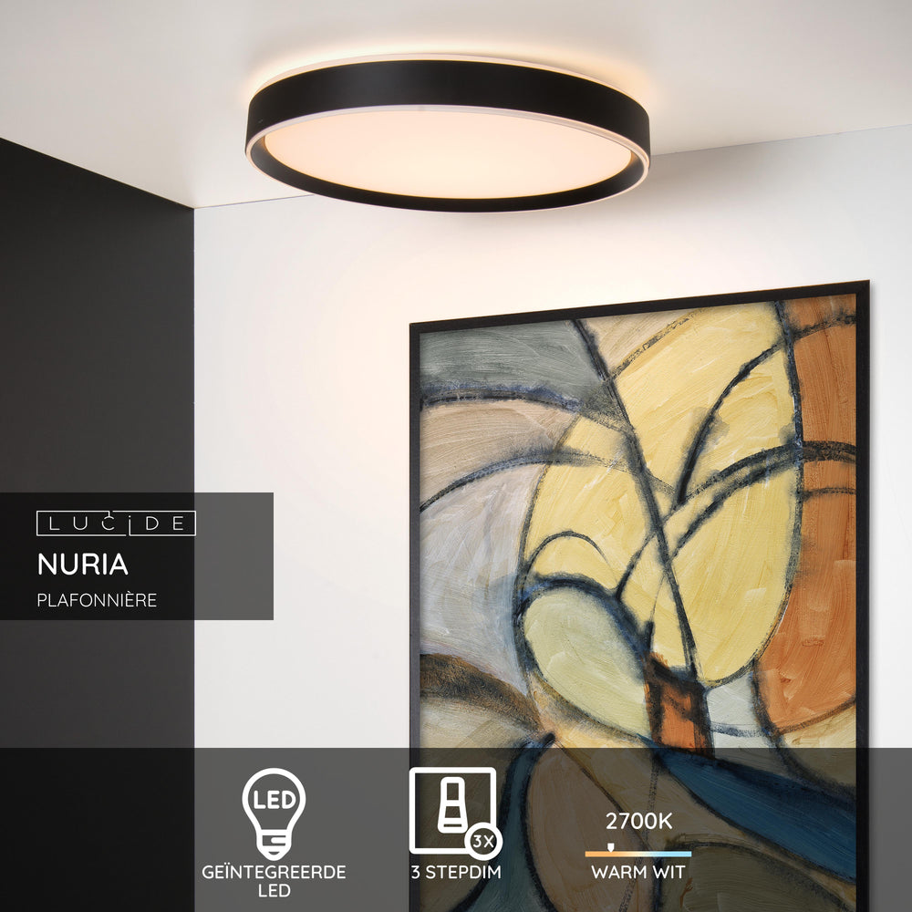 Lucide NURIA LED taklampa 36W 2700K 3-stegs dimbar rund Ø50cm Svart modern IP20