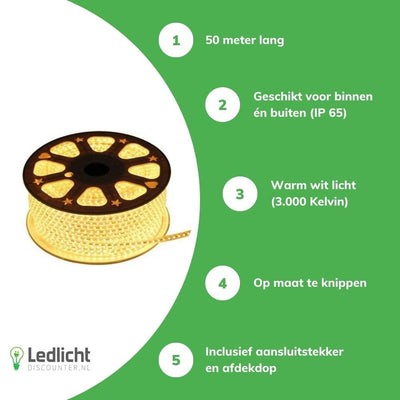 Tsong LED ljusremsa 50m 3000K varmvit, 1521 lumen, IP20, Philips-chip, 220-240V, 120° spridningsvinkel