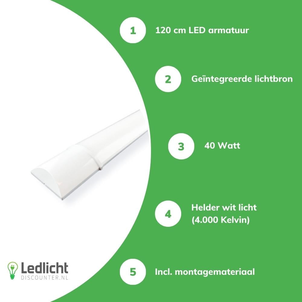Aigostar LED armatur 120cm 40W 4000K klart vitt ljus IP20 Philips-chip CRI 80 CE RoHS inkl montering