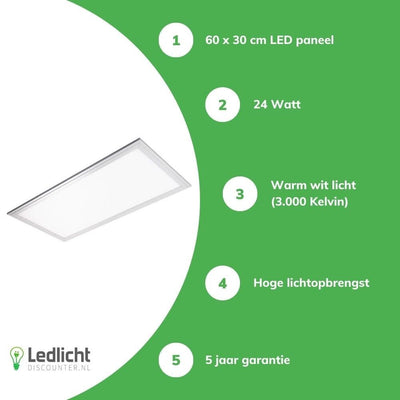 Lcb led-panel 60x30cm 3000K 2040 lumen 24W ip20 ce rohs 5-års garanti