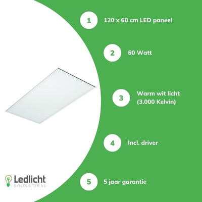 LCB LED Panel 120x60cm, 60W, 7200 lumen, 3000K Varmvit, IP20, Philips-chip, drivrutin inkluderad, 5 års garanti