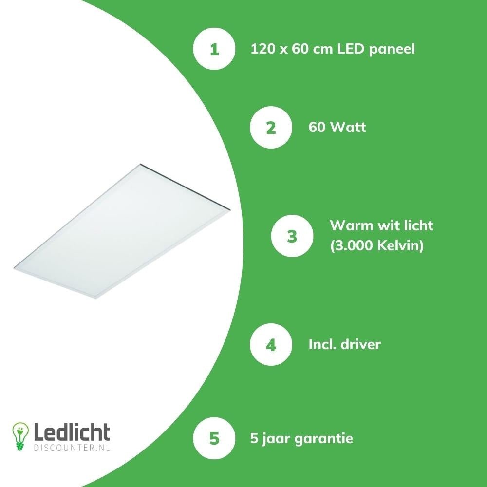 lcb led panel 120x60cm 3000k 60w 7200 lumen inkl driver