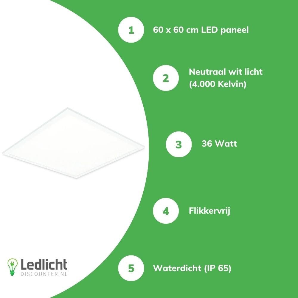 ledpanel 60x60cm IP65 fukttålig 36w 4320 lumen 4000k kallvit UGR22 opal