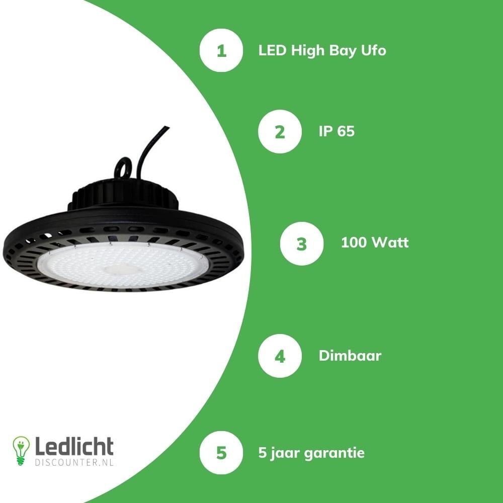 Tsong LED High Bay UFO 100W 15000 lumens 1-10V Dimmable 3000K CRI 80 Philips Chip IP20 CE RoHS Black