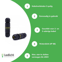 LCB waterproof 3-pole cable connector for 0.5-1mm² 220-240V, IP68 outdoor, CE RoHS certified