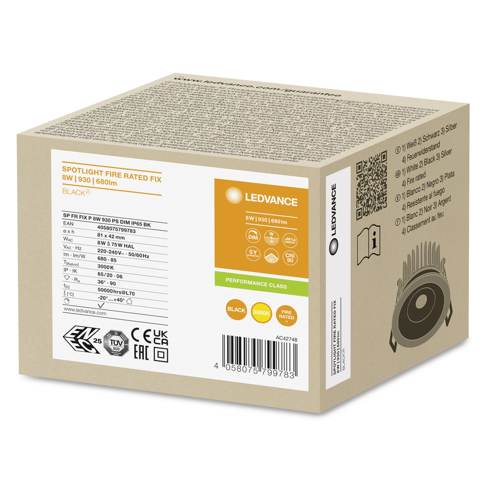 Ledvance brandklassad infälld LED-spotlight 8W 3000K dimbar IP65 Svart 90CRI 36° spridning