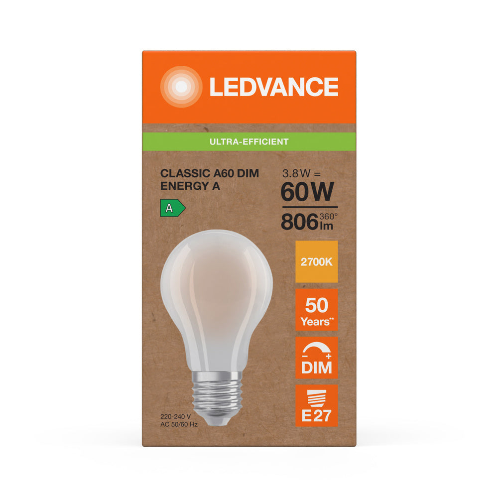 Ledvance LED Classic A60 Frostad E27 Dimbar 3.8W 2700K 806 lumen Varmvit Energiklass A