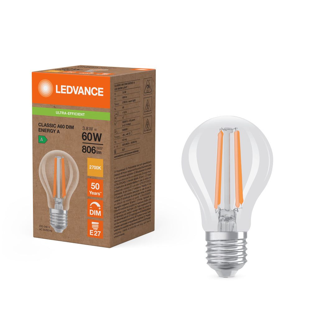 Ledvance LED Classic A E27 Varmvit 2700K 3.8W dimbar klar glödlampa 806 lumen 220-240V IP20 50000h