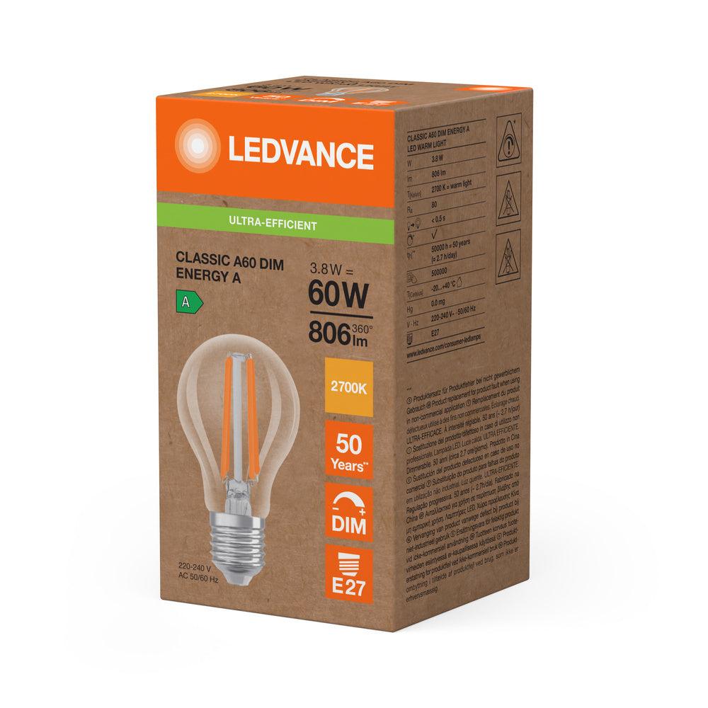 Ledvance LED Classic A E27 Varmvit 2700K 3.8W dimbar klar glödlampa 806 lumen 220-240V IP20 50000h