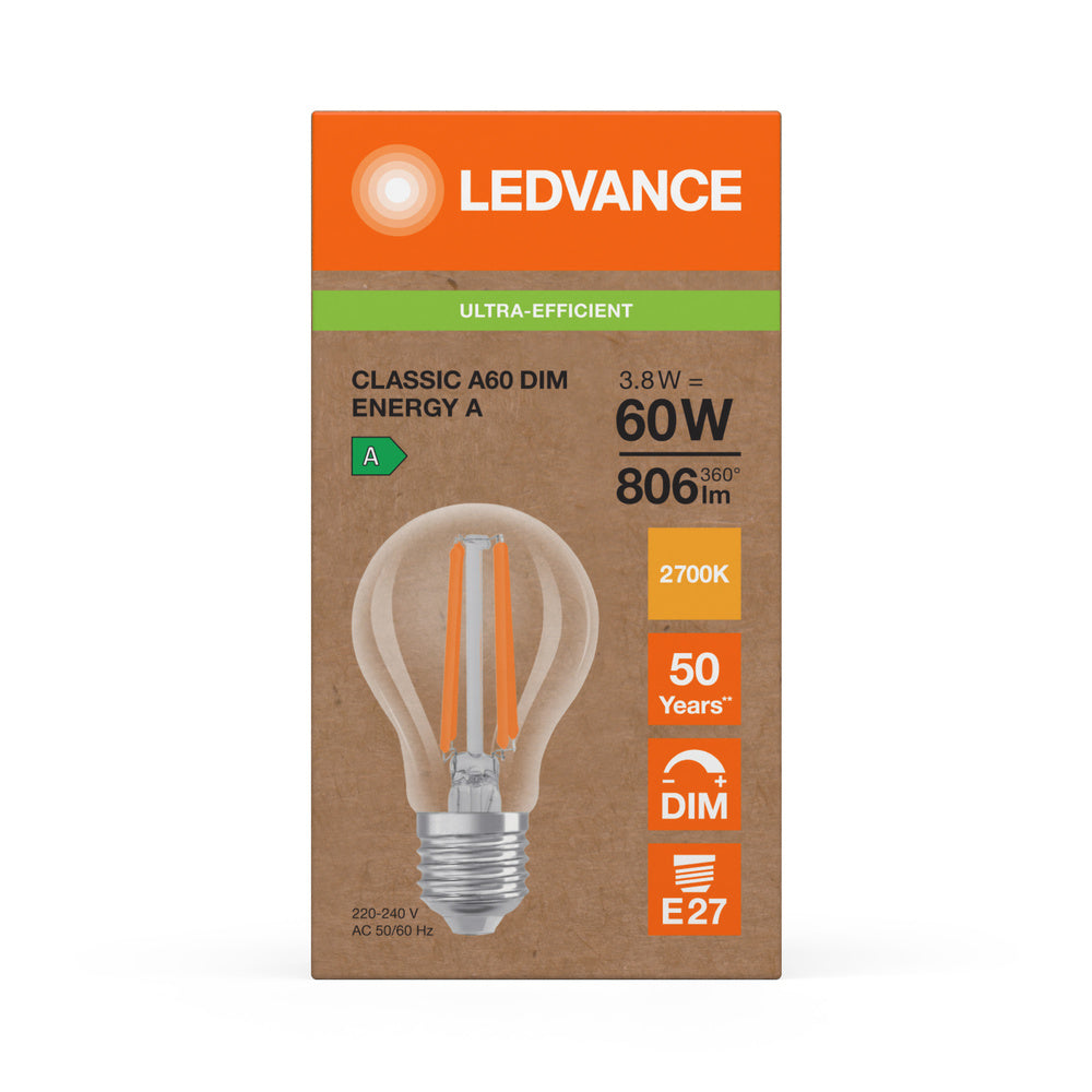 Ledvance LED Classic A E27 Varmvit 2700K 3.8W dimbar klar glödlampa 806 lumen 220-240V IP20 50000h