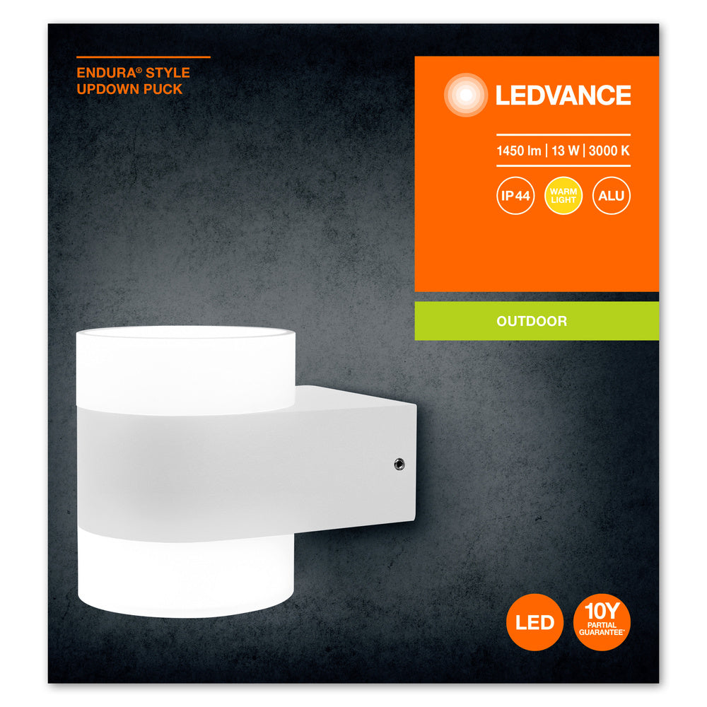 Ledvance ENDURA Style UpDown Puck LED Vägglampa 12.5W 3000K 980 lumen IP44 Vit Aluminium Utomhus