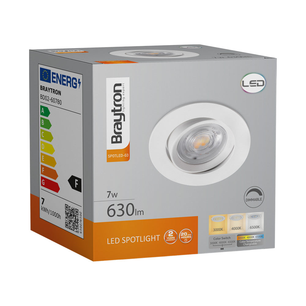 Braytron 7W dimbar LED-spotlight 630 lumen 3-i-1 vitt IP20