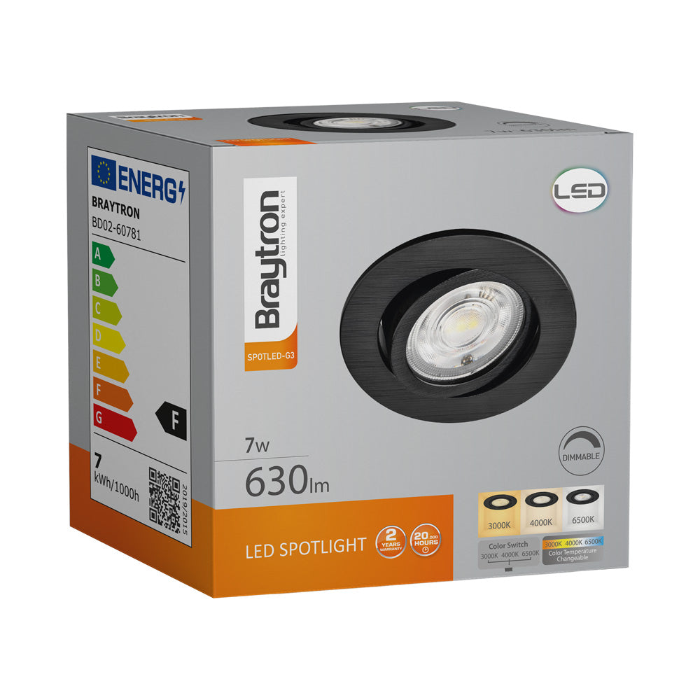 Braytron 7W dimbar LED-spotlight, 630 lumen, 3IN1 färgtemperatur, svart, CRI >80, IP20