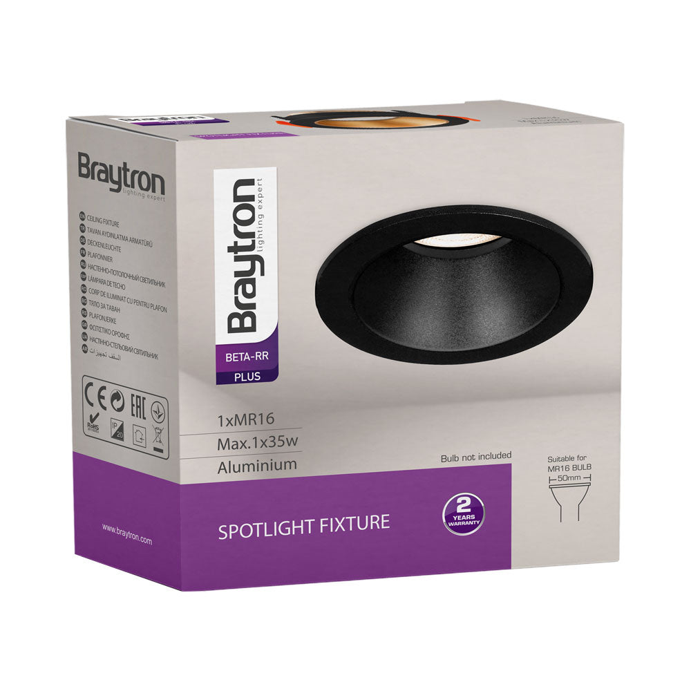 Braytron inomhus spotlight, MR16 sockel, 35W, svart aluminium, 85mm diameter