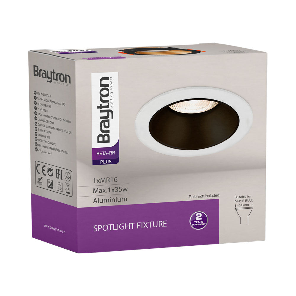 Braytron GU10 infälld LED-spotlight, max 35W, IP20, rund aluminium Vit-Svart, 85mm utskärning 70mm