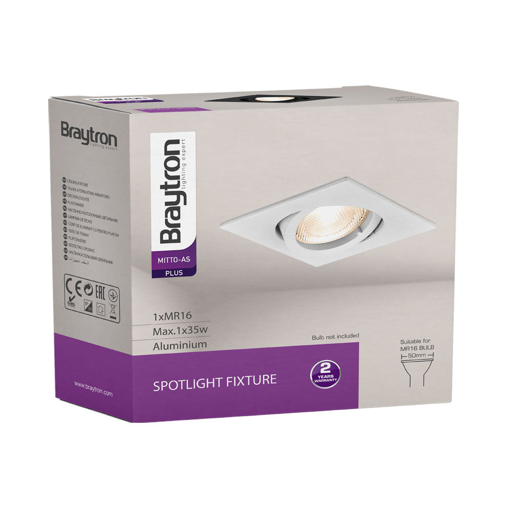 Braytron GU10 infälld LED-spotlight fyrkantig 82x82mm Svart aluminium IP20 35W max håltagning 70mm