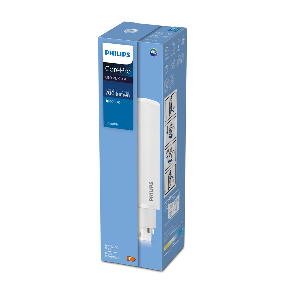 Philips CorePro LED PLC 6.5W G24q-2 3000K 700 lumen PL-C lampa 220-240V ej dimbar 120° spridning