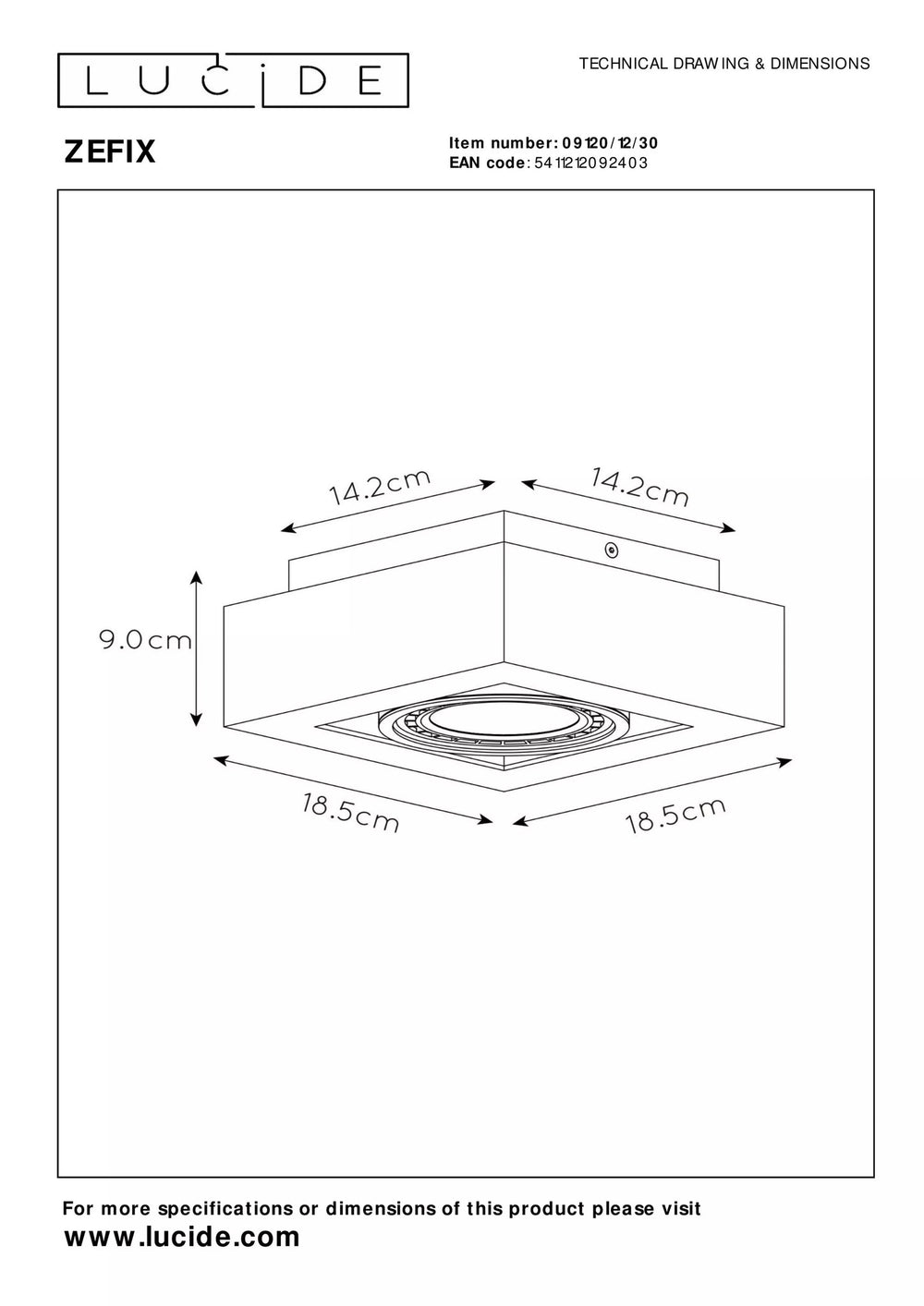 Lucide ZEFIX LED ceiling spotlight, dim to warm, GU10 12W 2200K-3000K, adjustable, square, Black, IP20