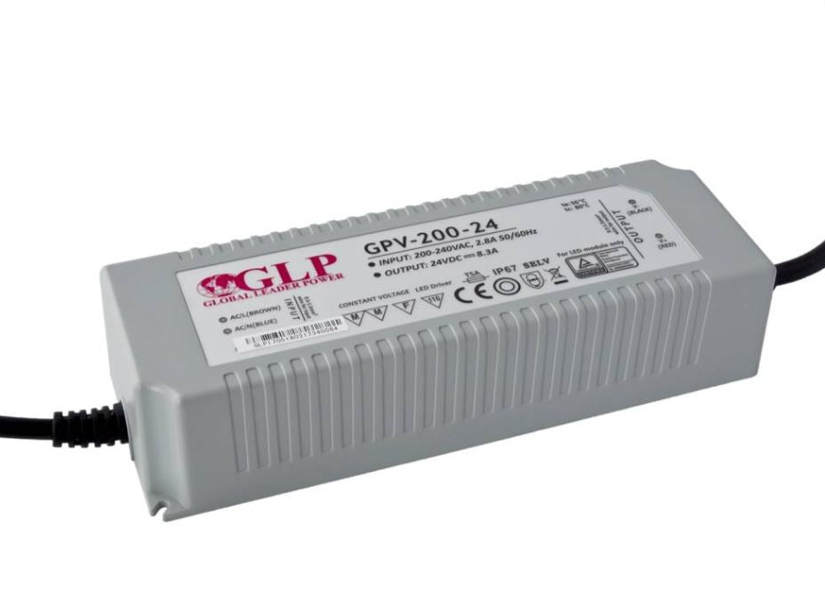 GLP LED-nätaggregat 24V 200W 8.3A IP67 vattentät adapter med 220-240V ingång och 5 års garanti