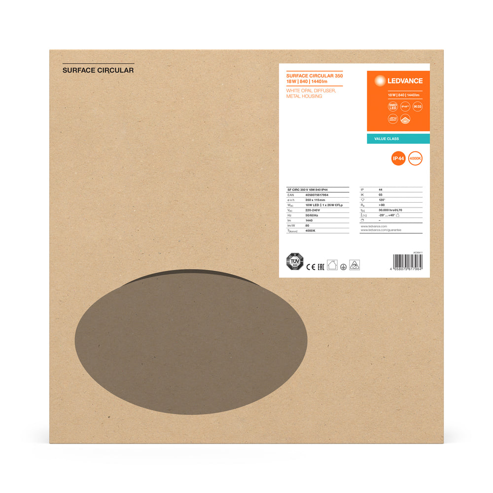 LED Bulkhead Ytmonterad Rund Ø400 Vit 24W 1920 lumen 3000K IP44 för inomhus- och utomhusbelysning