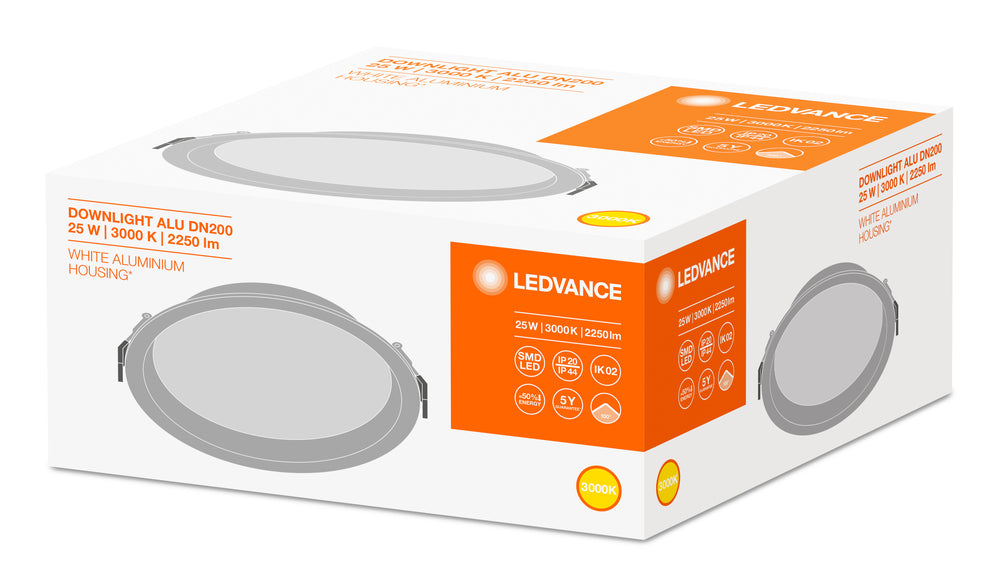 LED Downlight Alu DN200 25W 2250 lumen 3000K Varmvit 215mm IP44