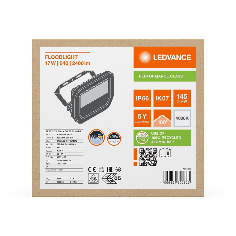 LED floodlight Aluminium Black 10.5W 3000K 2400 lumens IP20 IK10 120° beam angle durable outdoor lighting