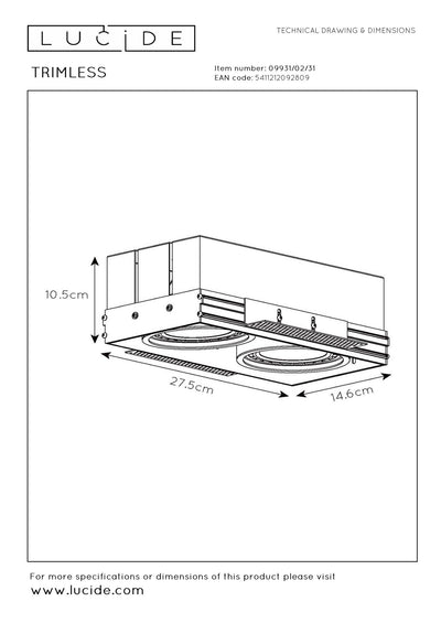 Lucide infällbar spotlight utan ram 2xGU10 vit LED-lampa IP20