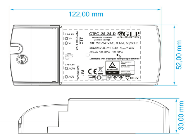 GLP LED strömförsörjning 12V 25W 2.08A dimbar driver för 12V LED-belysning, IP20, CE RoHS certifierad