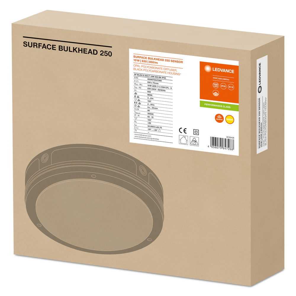 LED Vägglampa Bulkhead med Sensor, 10W 800 lumen, 3000K Varmvit, IP65 IK10, Svart Ø250MM