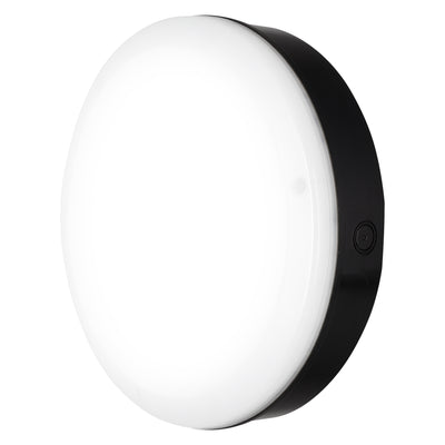 LED Vägglampa Bulkhead med Sensor, 10W 800 lumen, 3000K Varmvit, IP65 IK10, Svart Ø250MM