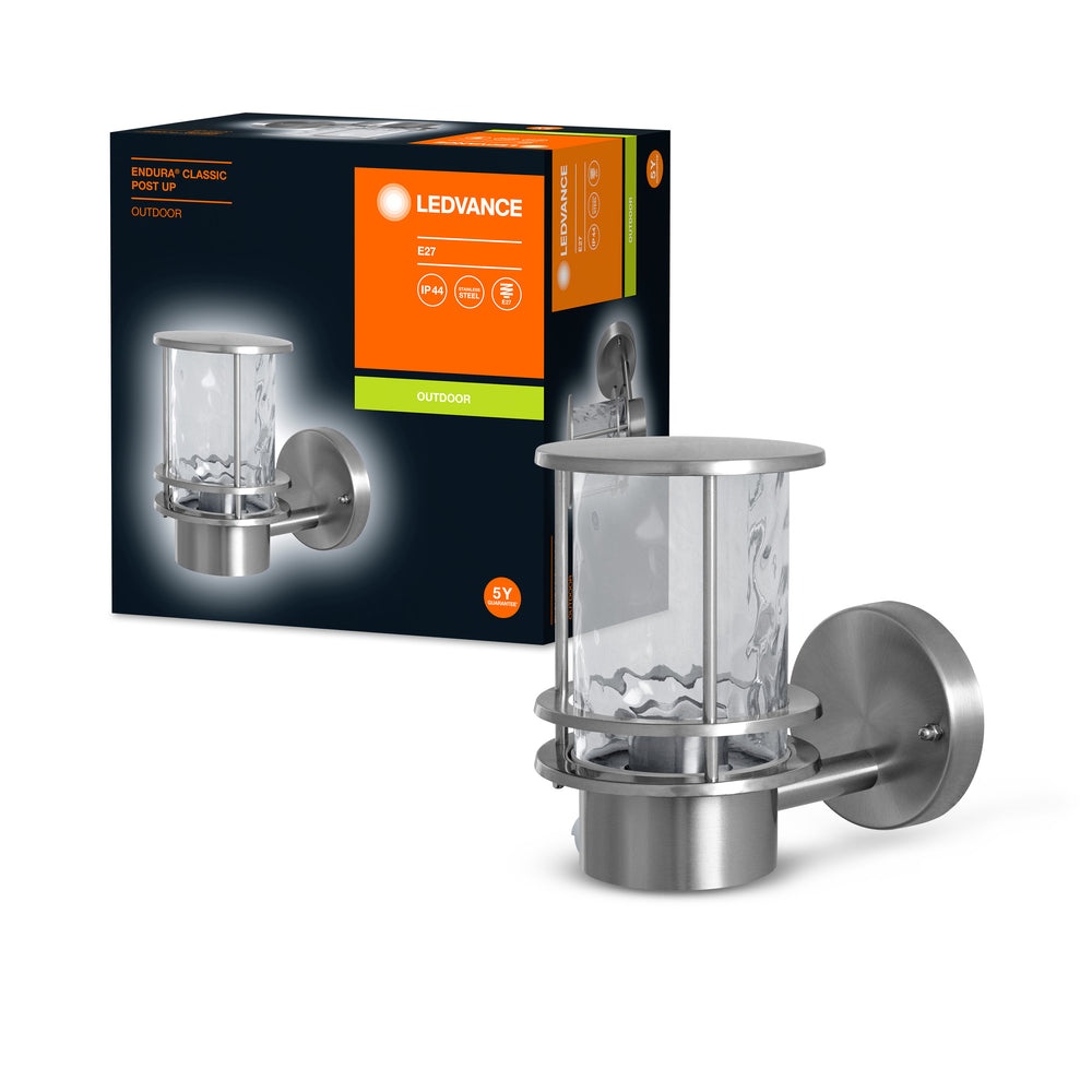 Ledvance ENDURA Classic Post Up E27 utomhus vägglampa, rostfritt stålhölje, klart glasdiffusor, IP44