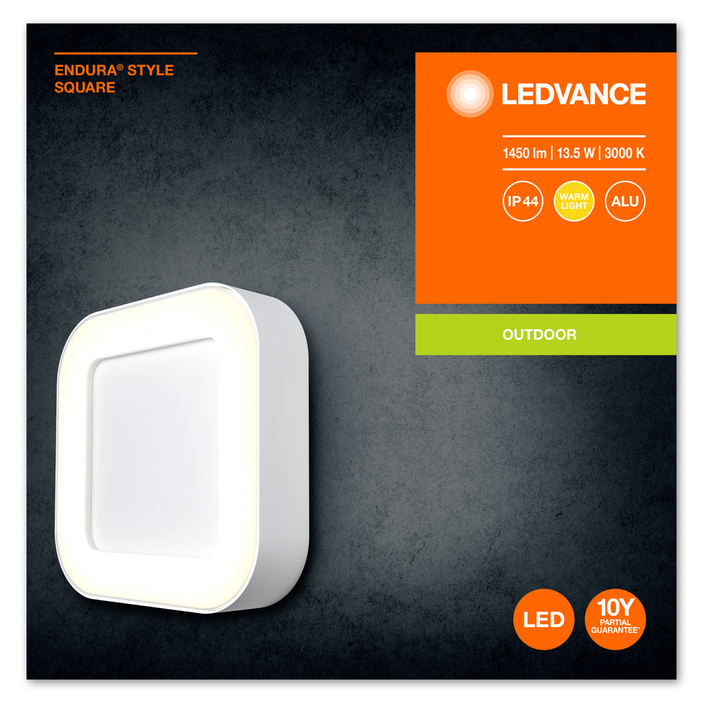Ledvance ENDURA Style Square LED Vägglampa 13.5W 3000K 220-240V IP44 IK07 Vit Utomhus Ytmontering