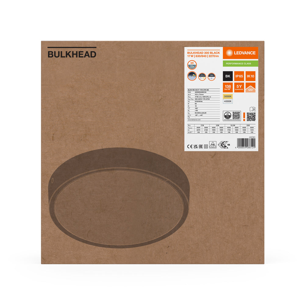 Ledvance LED Bulkhead Rund 300mm 17W IP65 IK10 2270 lumen 3000K 4000K Svart Ytmonterad Utomhusbelysning
